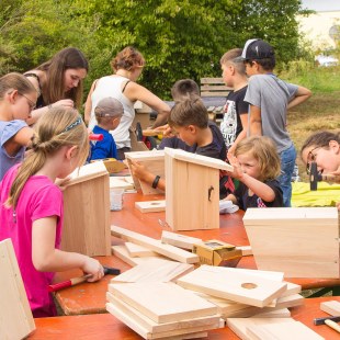 Circa elf Kinder in verschiedenen Altersgruppen bauen mit Janina Kempf an Tischen Starennistkästen | © memo AG