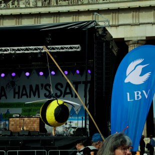 Selbstgebastelte Biene und LBV Beachflag vor der Live-Bühne bei Demo "Mia ham's satt" | © LBV