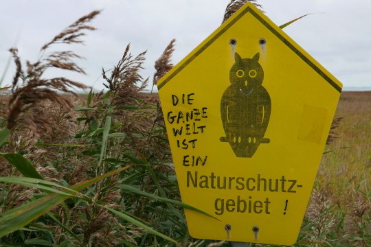 Gelbes Schild Naturschutzgebiet mit zusätzlicher Schrift "Die ganze Welt ist ein..." Naturschutzgebiet | © if... Productions/Filmperlen