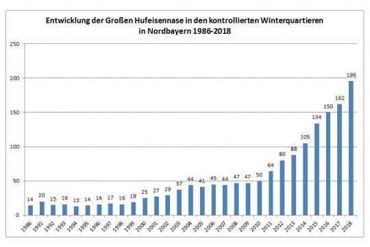 Entwicklung der Großen Hufeisennase 1986 - 2018 im Winter in Nordbayern